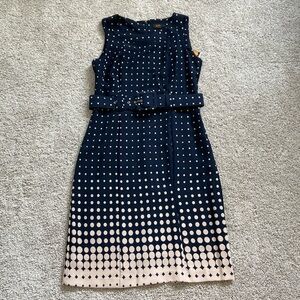 ILE New York • Navy and Tan Polka Dot Sheath Dress